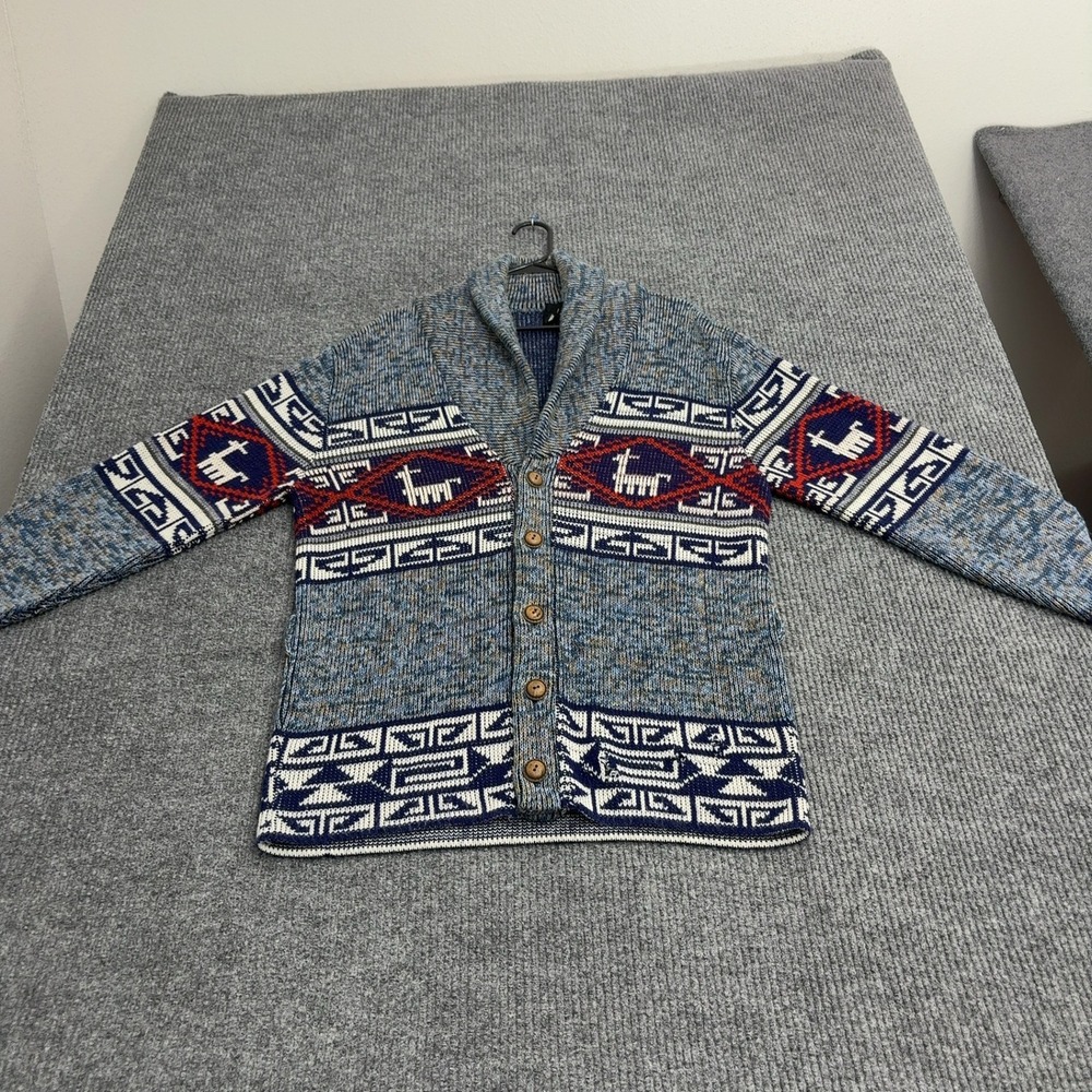 Vintage Dimension by Milford Cardigan Men L Blue Acrylic Llama Shawl Collar Boho